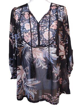 Buffalo Sheer Prairie Top Flowy Black Floral Boho Hippie Ballon Sleeve Peasant